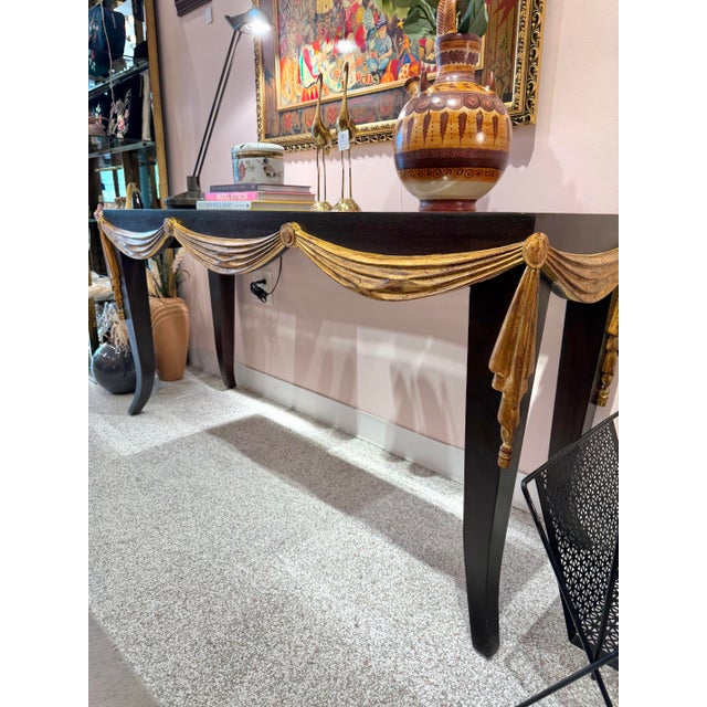 1970s Vintage Dark Wood Console Table With Gold Gilt Draped Valance Detail For Sale - Image 5 of 11