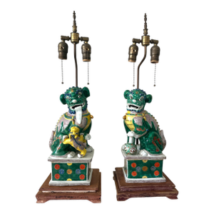 Pair of Antique Chinese Famille Verte Foo Dog Lamps – Late Qing / Early Republic Porcelain Guardian Lions