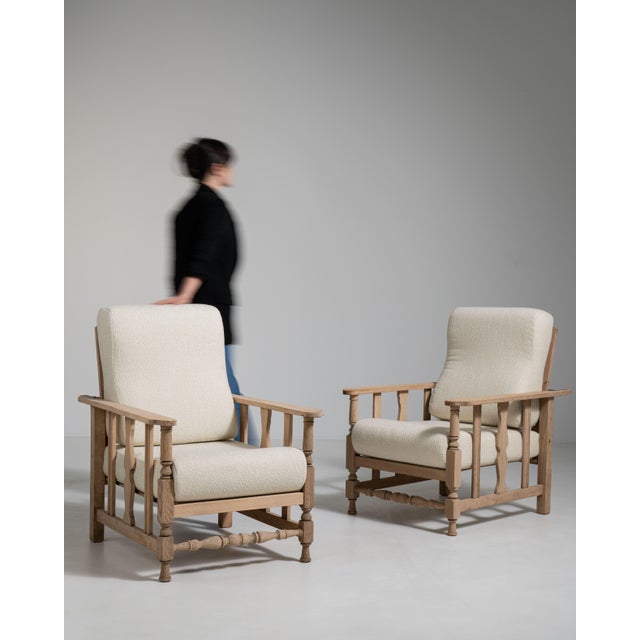 Pair of French Oak Reclining Armchairs with Bouclé Upholstery, Antique, France, Circa 1940 For Sale In Greensboro - Image 6 of 17