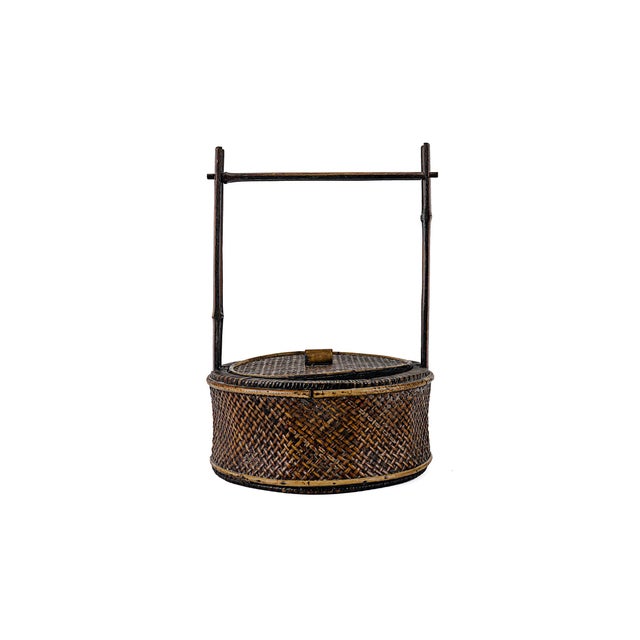 Antique Chinese Wood & Woven Food Basket With Lid. Made of split bamboo & rattan. Historically used for transporting food...