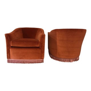 1970s Vintage Rust Color Velvet Swivels Chairs- A Pair For Sale