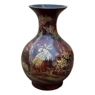 Chinese Brown Lacquer Golden Scenery Decorative Wood Vase Art For Sale