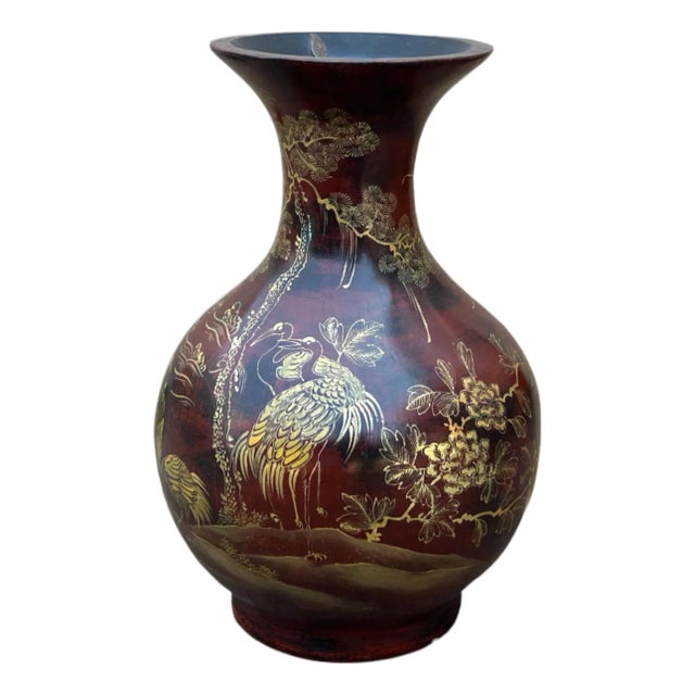 Chinese Brown Lacquer Golden Scenery Decorative Wood Vase Art For Sale