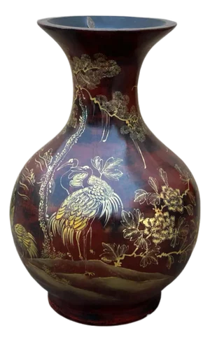 Chinese Brown Lacquer Golden Scenery Decorative Wood Vase Art