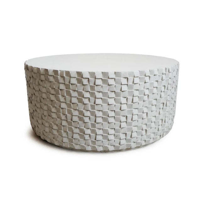 Outdoor modern white glass fiber reinforced round concrete coffee table with stacked cube exterior design. Wonderful hip...