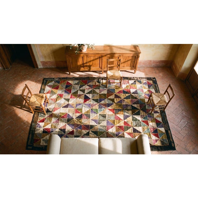 1930s Multicolor Geometric Folk Art Antique American Hooked Rug 6' X 6' Woven Wool Carpet For Sale - Image 14 of 15
