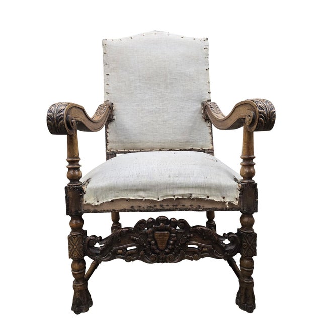 Antique French Henri II Renaissance Revival Carved Walnut Throne Armchairs – Set of 4 – For Restoration A handsome set of...