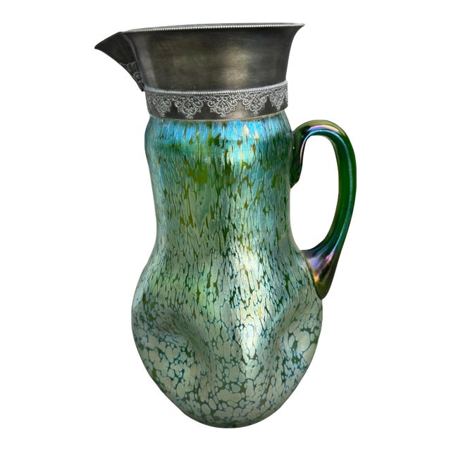 Vintage Loetz Style Iridized Oil Spot 12" Art Glass Pitcher Silver Plated Rim For Sale