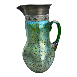 Vintage Loetz Style Iridized Oil Spot 12" Art Glass Pitcher Silver Plated Rim