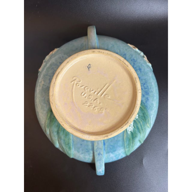 Beautiful Roseville Pottery Wincraft Blue/Green Console Bowl with Art Nouveau meets Mid Century Modern style flower and...