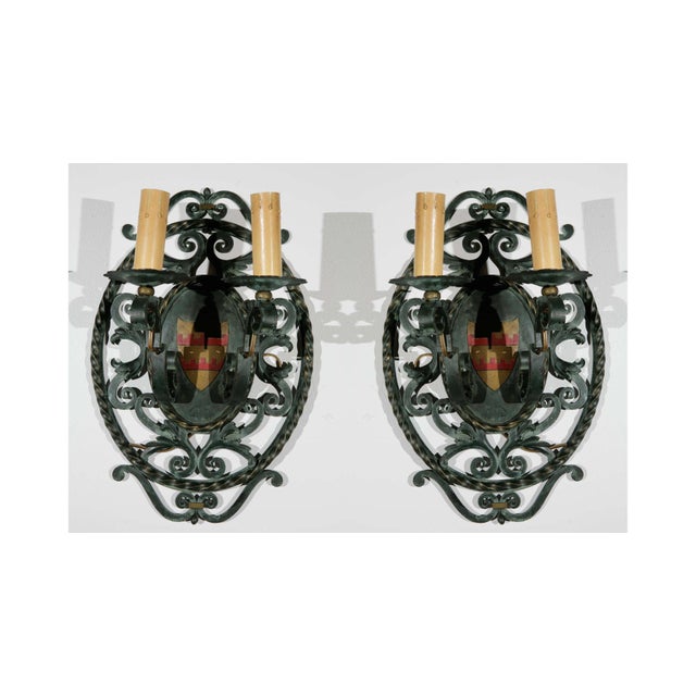 French Filigreed Green With Gold & Red Emblem Sconces - a Pair For Sale - Image 11 of 11