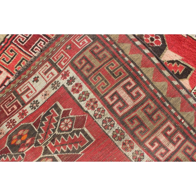 Textile Antique Kazak Runner With Seven Medallions and Tribal Design in Red Background For Sale - Image 7 of 8