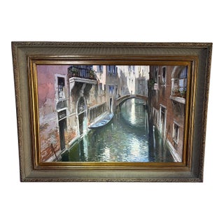 Mid 20th Century Venice Bridge Framed Oil Painting by Claudio Simonetti For Sale