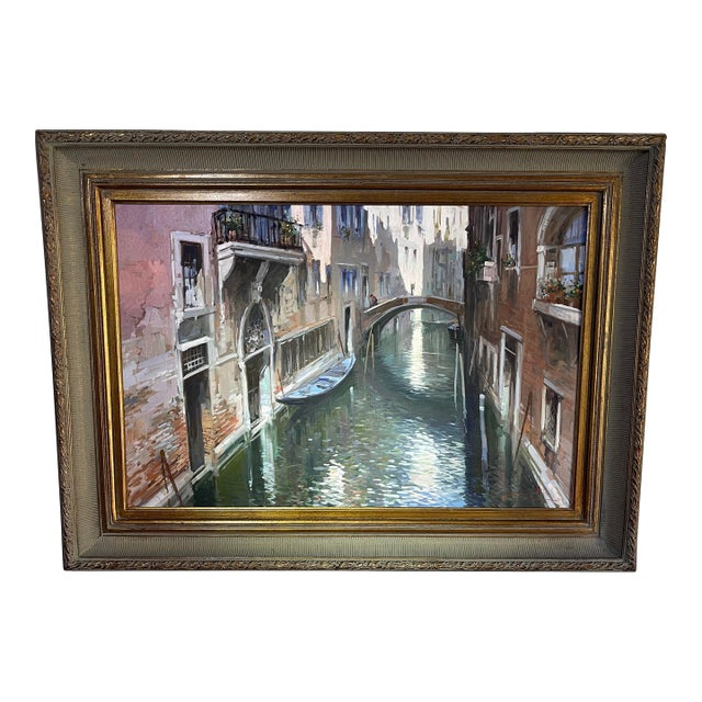 Mid 20th Century Venice Bridge Framed Oil Painting by Claudio Simonetti For Sale