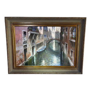 Mid 20th Century Venice Bridge Framed Oil Painting by Claudio Simonetti