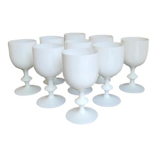Vintage Portieux Vallerysthal White Opaline Water/Wine Glasses- Set of 9 For Sale