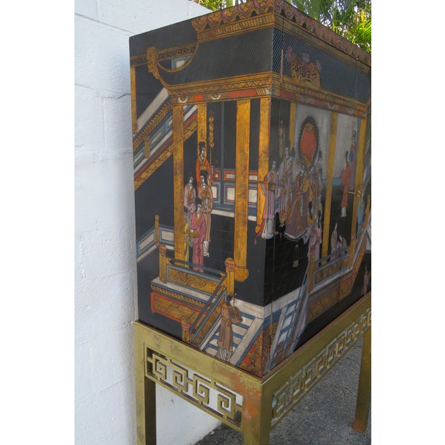 Late 20th Century Maitland Smith Hand Painted Chinoiserie Cabinet Cupboard on Brass Stand 5442 For Sale - Image 16 of 18