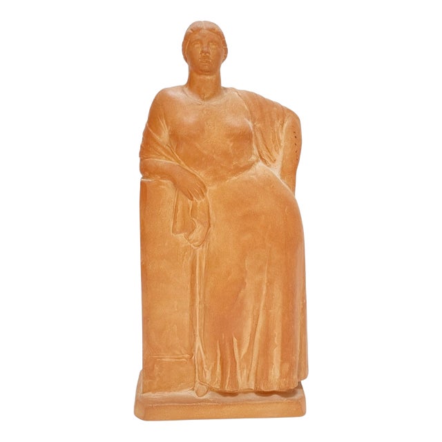 Standing Female Terracotta Figure Leaning on a Pillar by Pál Pátzay, 1970s For Sale