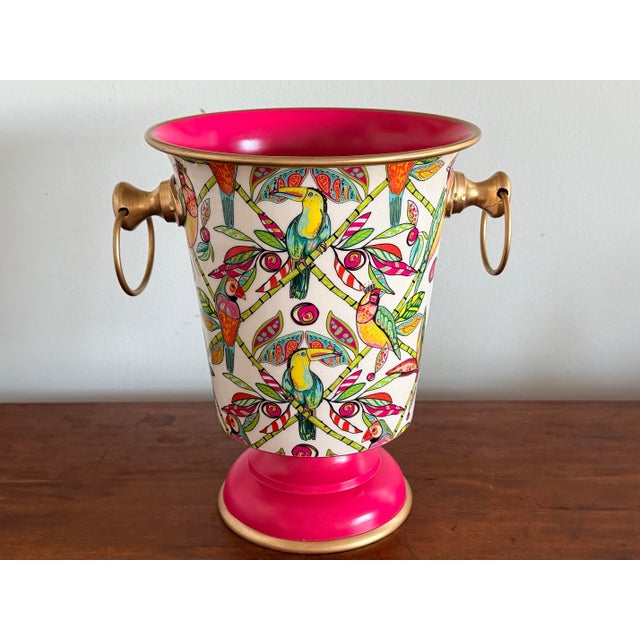 Metal Hot Pink Tropical Themed Tole Cachepot/Champagne Bucket With Gold Accents and Handles For Sale - Image 7 of 7