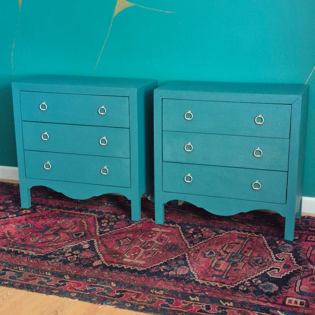 Hollywood Regency Hollywood Regency Green Painted 3-Drawer Chests Nightstands Credenza, a Pair For Sale - Image 3 of 12