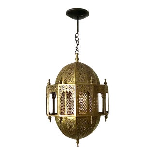Vintage Moroccan Pierced Brass Lantern Pendant Chandelier For Sale
