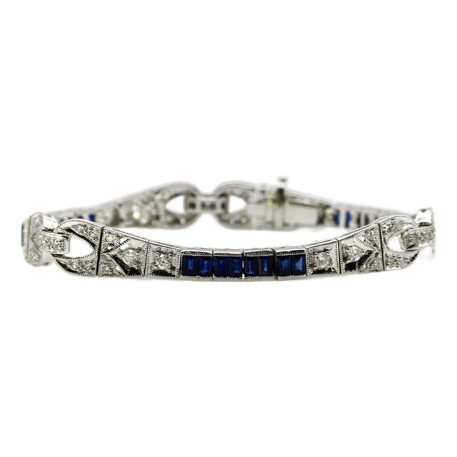 1990s 18k White Gold Diamond and Sapphire Art Deco Style Bracelet For Sale