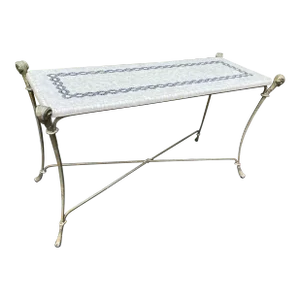 Late 20th Century Neoclassical Iron and Tessellated Stone Ram’s Head Console Table Attributed to Maitland Smith