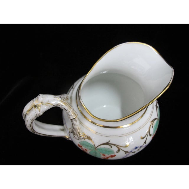 Ceramic Vintage Porcelain Gold Gilt Leaves & Berries Bamboo Style Handle Pitcher For Sale - Image 7 of 8