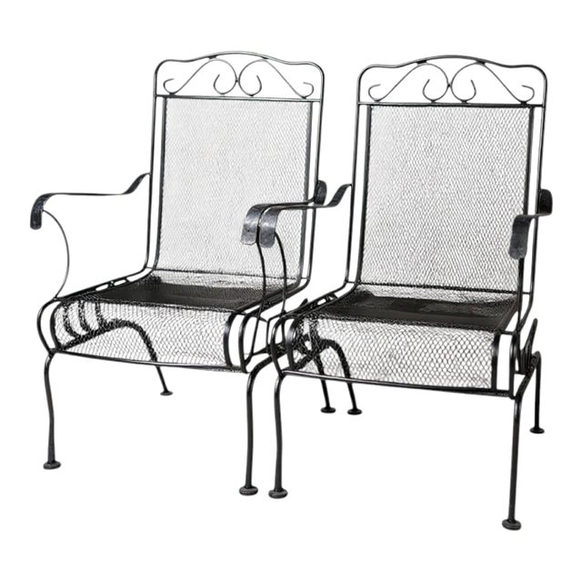 Vintage Meadowcraft Hi-Back Green Wrought Iron Mesh Coil Sprung Rocking Captains Chairs - A Pair For Sale