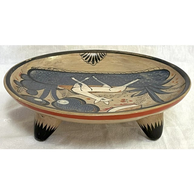 Vintage Mexican Hand Painted Folk Art Pottery Footed Dish For Sale In West Palm - Image 6 of 12
