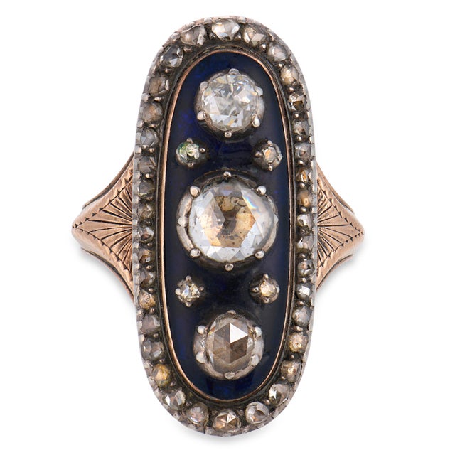 Traditional Mid 19th Century Georgian Rose Cut Diamond 18k Rose Gold and Silver Navette Enamel Ring, Size 7.25 For Sale - Image 3 of 5
