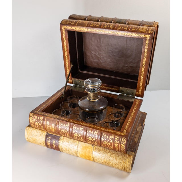 Wood Mid-Century French Faux Leather Book Decanter Tantalus Bar Set For Sale - Image 7 of 12