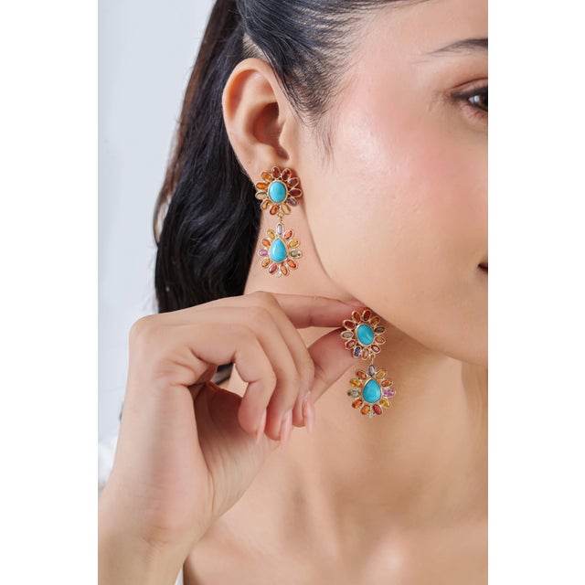 VR Jewels 21.07 Carats Turquoise Diamond Floral Drop Earrings With Rainbow Sapphires in 14k Gold- A Pair For Sale - Image 4 of 16