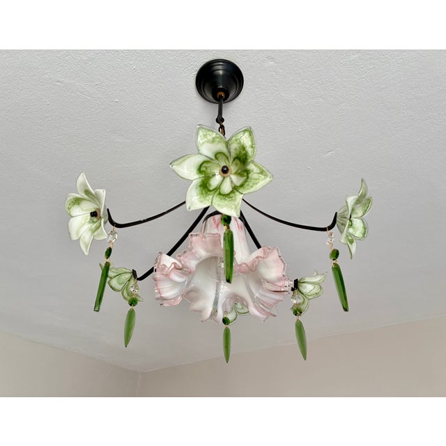 Dark Green Vintage Murano Style Chandelier – Rare Pink & Green Art Glass For Sale - Image 8 of 13