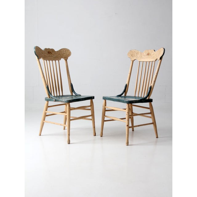 Antique Folk Art Painted Farmhouse Chairs Pair For Sale - Image 14 of 18