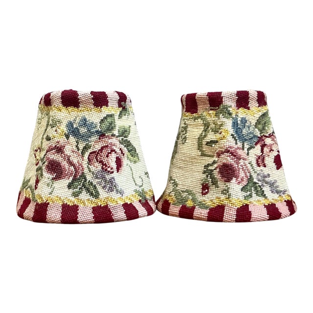 Vintage Needlepoint Floral Lamp Shades Pair For Sale