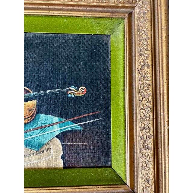 Vintage Mid-Century Violin Still Life Painting in Gilt Frame With Velvet Liner For Sale - Image 9 of 18