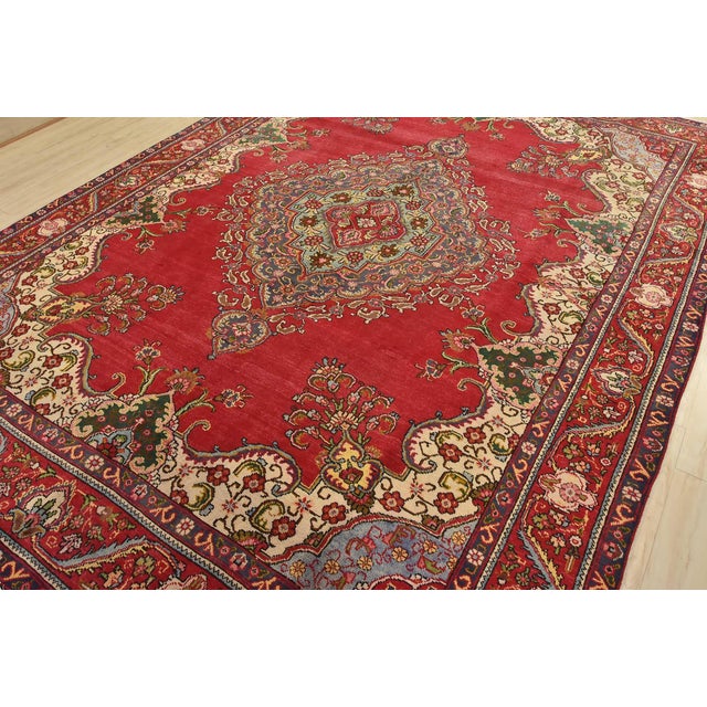 Farmhouse Tabriz Rug 9’5” X 12’7” Red Wool Traditional Hand-Knotted Oriental Carpet For Sale - Image 3 of 15