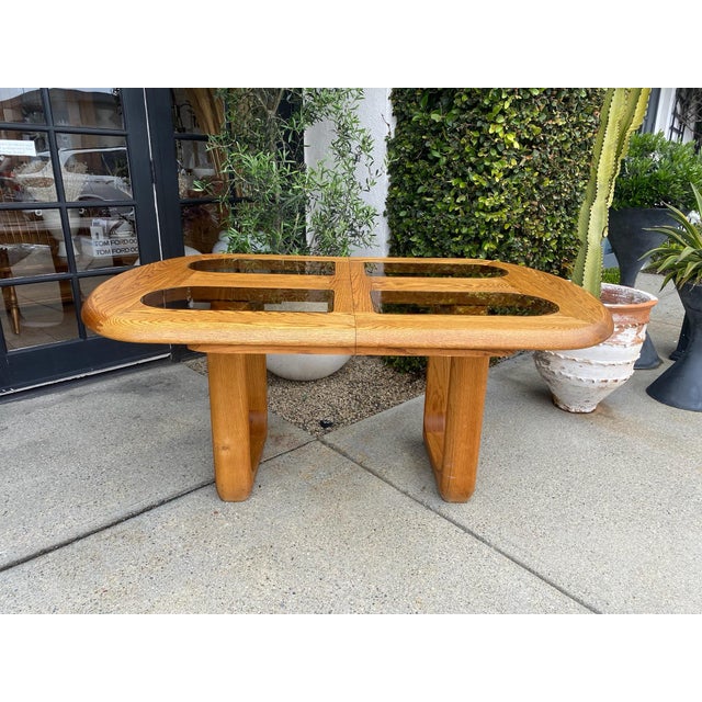 1980s Vintage Solid Oak and Smoke Glass Oval Dining Table For Sale In Los Angeles - Image 6 of 8