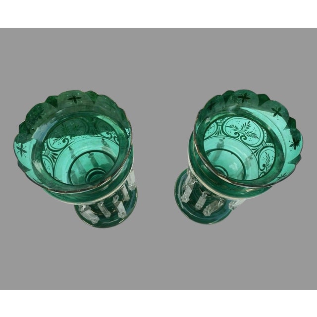 Pair Antique Victorian 14" Emerald Green & Gilt Art Glass Mantle Lusters With Prisms For Sale - Image 10 of 12
