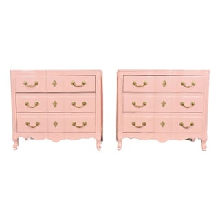 John Widdicomb French Provincial Louis XV Pink Lacquered Commodes or Chests of Drawers, Newly Refinished For Sale