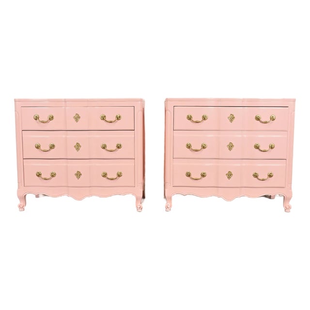 John Widdicomb French Provincial Louis XV Pink Lacquered Commodes or Chests of Drawers, Newly Refinished For Sale