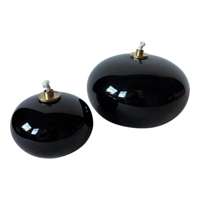 Vintage Modern Black Orb Stoneware Oil Lamps by Hoganas Keramik Sweden, Set of 2 For Sale