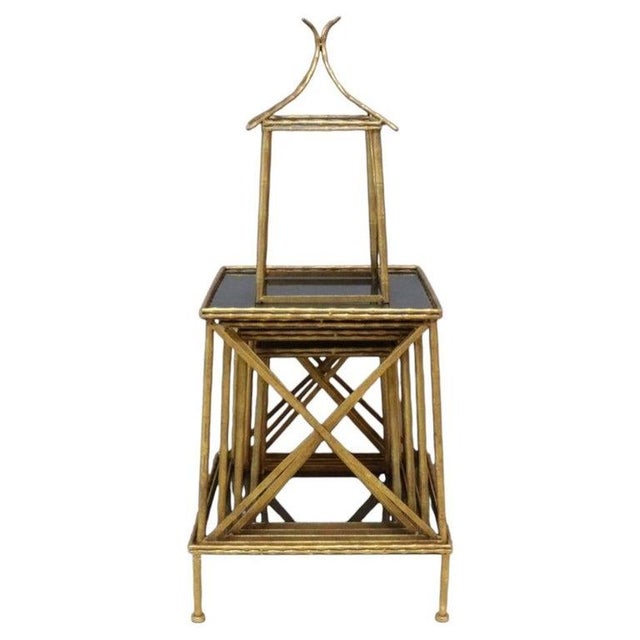 Traditional Aesthetic Brass & Glass 5-Stack Nesting Side Stand Set 20thC For Sale - Image 3 of 8