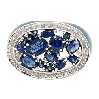 Sapphire & Blue Enamel 14k White Gold Top Ring - Size 7 For Sale