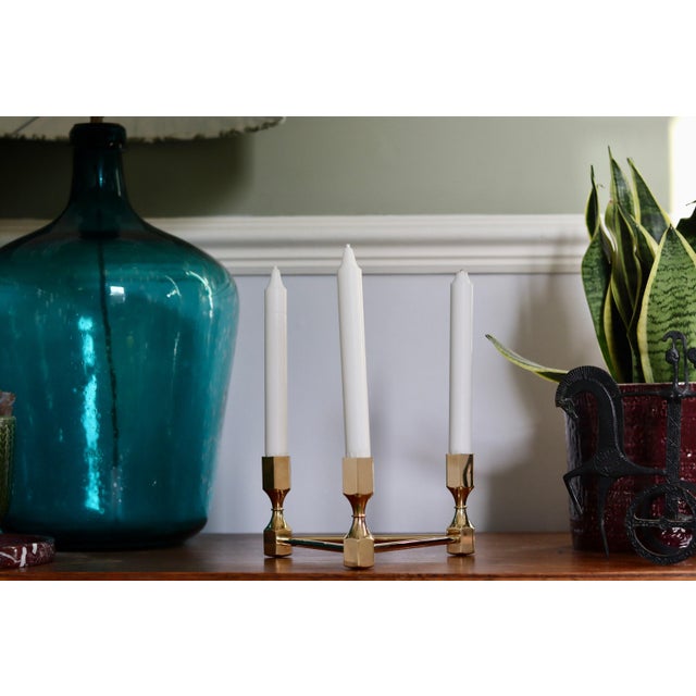 Metal Triangular Brass Candleholder by Lars Bergsten for Gusum, Sweden, 1980s For Sale - Image 7 of 8