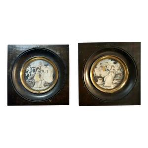 19th Century Neoclassical Miniature Painting Pair in Original Ebonized Frames & Glass, Circa 1850, Paris