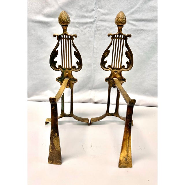 Mid 20th Century Mid 20th Century Brass Lyre Andirons - Neoclassical Fireplace Decor, Pair For Sale - Image 5 of 7