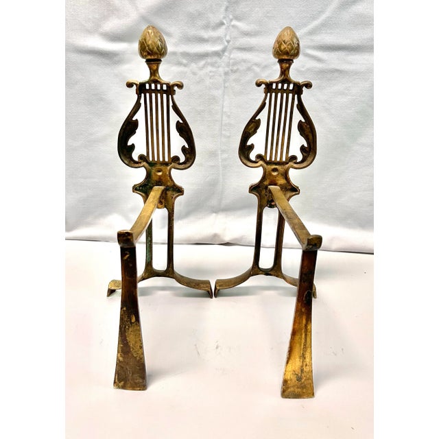 Mid 20th Century Vintage Brass Lyre Andirons – Neoclassical Hollywood Regency Fireplace Decor, Pair For Sale - Image 5 of 7