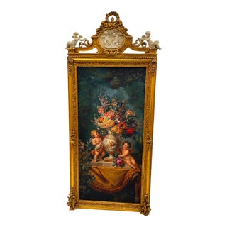 Grand French Rococo Floral Panel – Ornate Gold Leaf Frame With Cherub & Garden Scene For Sale
